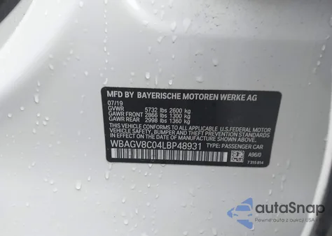 2020 BMW M850I Gtan Coupe xDrive z USA, uszkodzony, nr VIN WBAGV8C04LBP48931